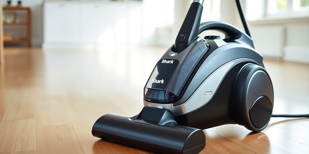 A modern Shark vacuum on a hardwood floor.