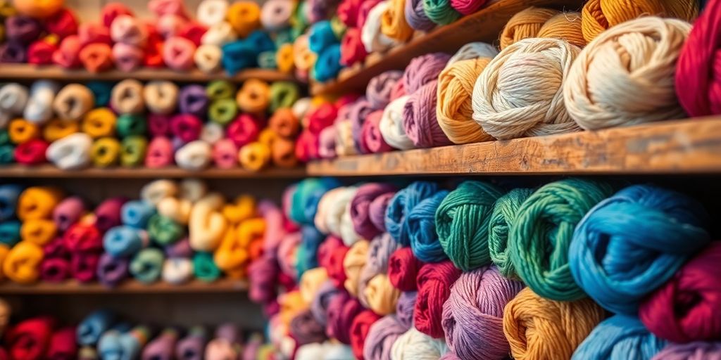 Colorful yarn skeins neatly arranged on wooden shelves.