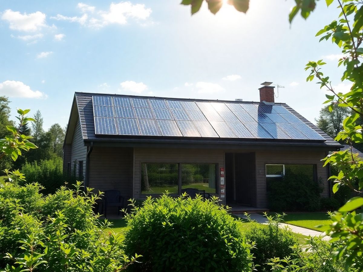 Casă modernă cu panouri solare pe acoperiș.