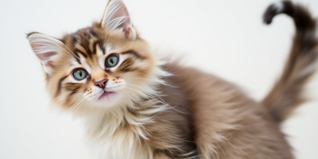 Fluffy, short-haired American Bobtail cat with curled tail.
