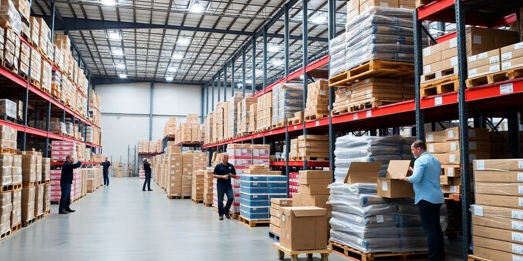 Busy warehouse with organized pallets and efficient shelving.