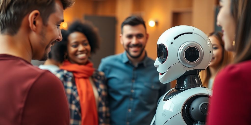 Humanoid robot interacting with diverse people in conversation.