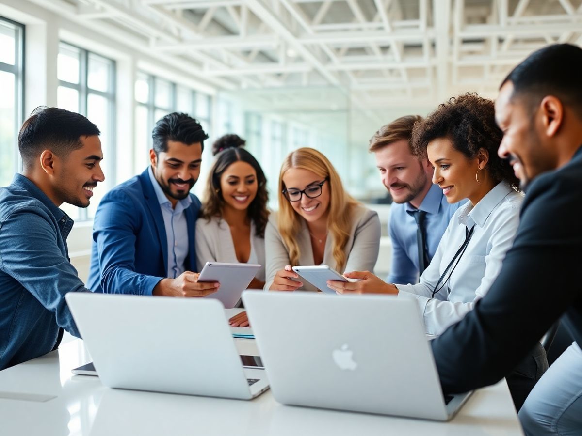 Transformare digitală a afacerilor cu echipă diversă și tehnologie.