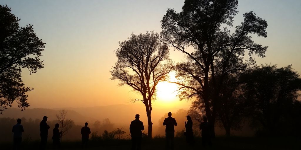 Silhouettes of people praying in a tranquil landscape.