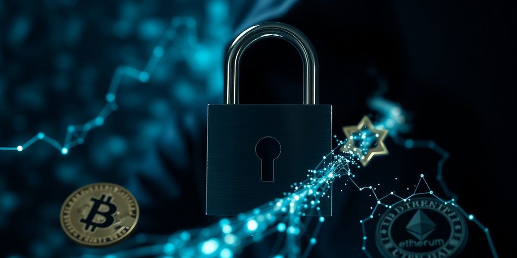 Digital padlock, swirling cryptocurrencies, hacker, victim, money trail.