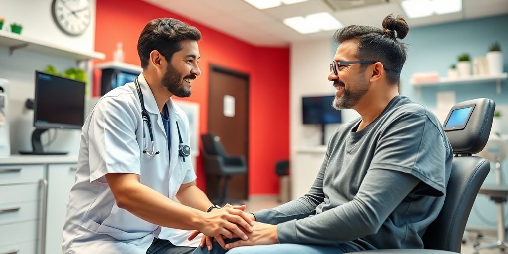 Profesional médico atendiendo a un paciente en clínica moderna.
