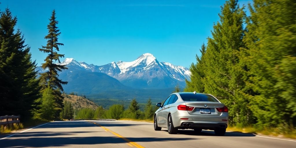 Car driving past airport toward mountains, sunny.