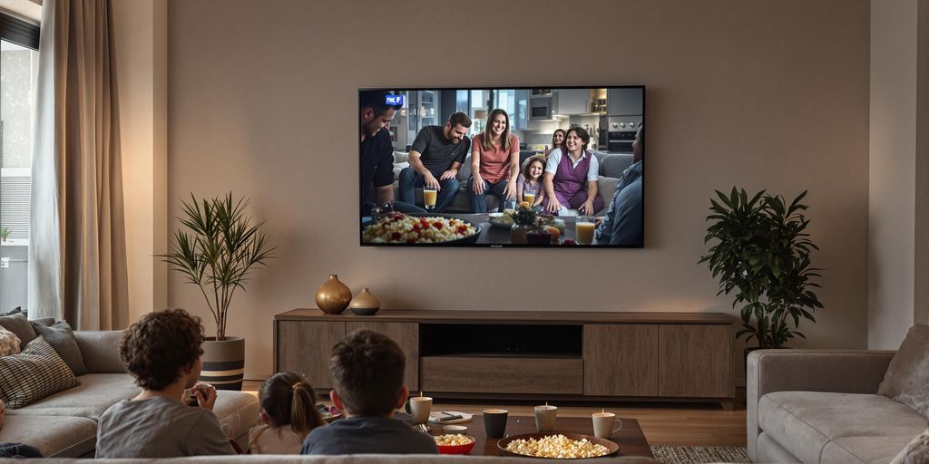 Moderner Fernseher im Wohnzimmer mit Familie und Snacks.
