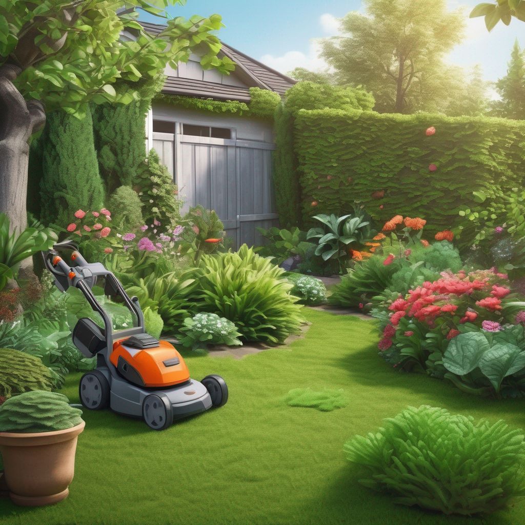 healthy lush garden with pest control tools