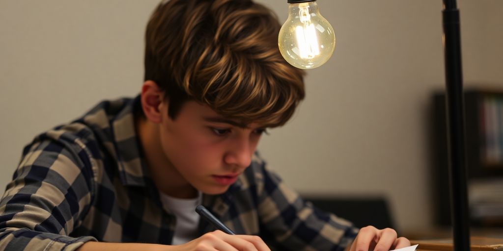 Student solving complex problems, lightbulb glowing.