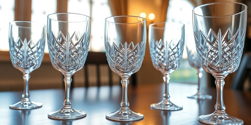 Sparkling cut glass water glasses on a polished wooden table.