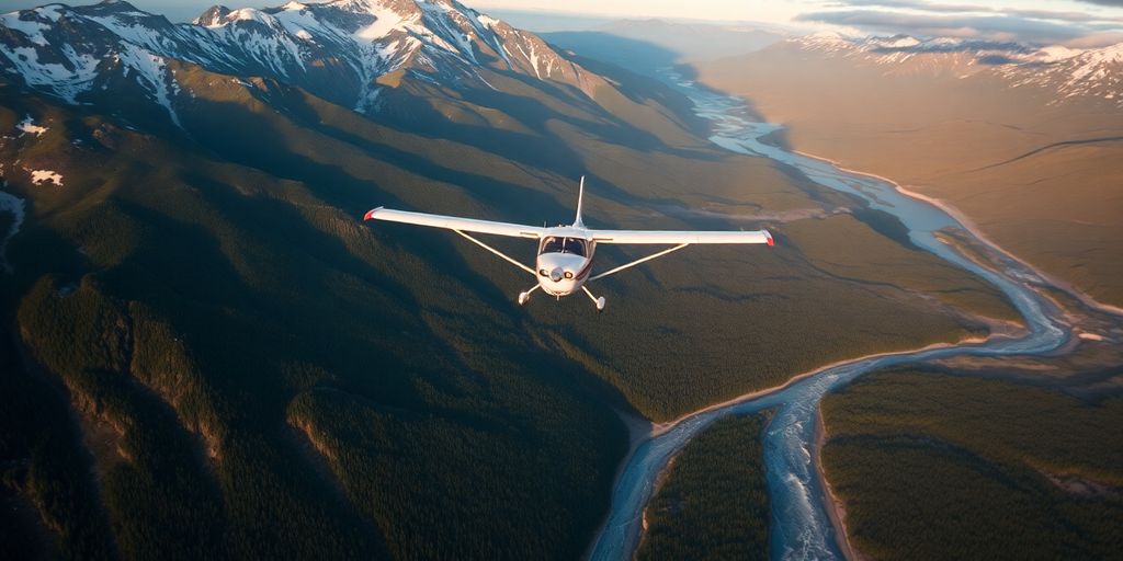 A small airplane flies over majestic snow-capped Alaskan mountains.