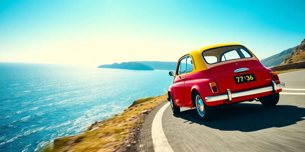 Classic Fiat car driving on a scenic Italian road.