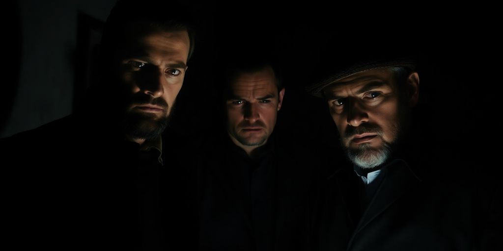 Three Bulgarian men in shadows, engaging in espionage.
