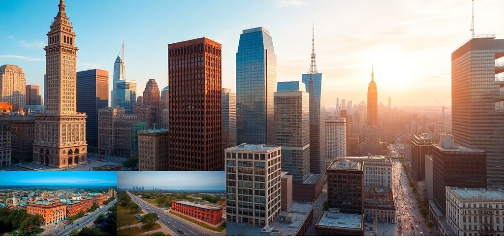 Diverse American cityscapes, maps, and skylines combined.