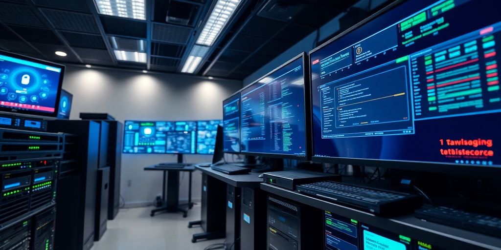 High-tech cybersecurity equipment in a modern operation centre.