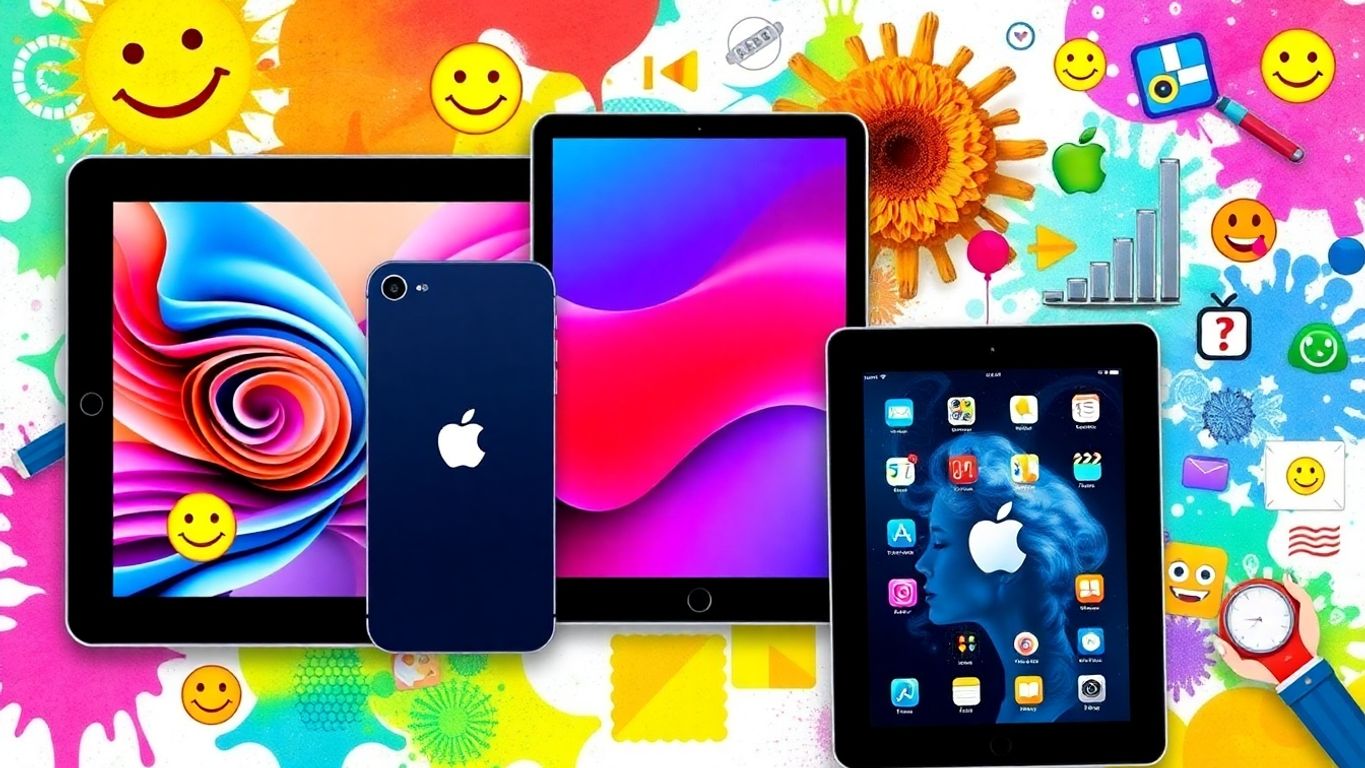 Collage of Apple devices with colorful emojis and graphics.