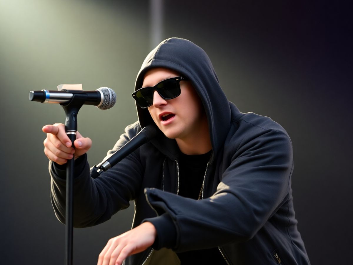 Eminem în fața unui microfon, purtând ochelari de soare.