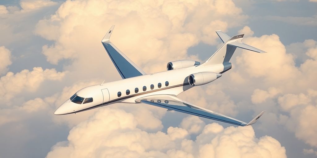 Sleek super midsize jet soaring through clouds.