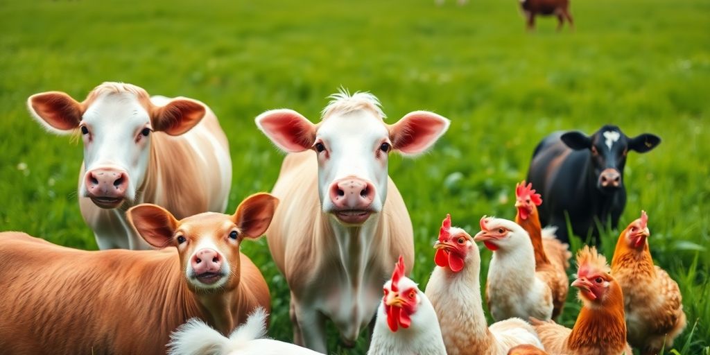 Healthy farm animals thriving in a lush green pasture.