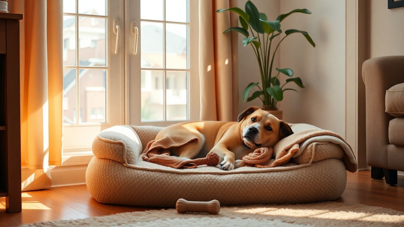 Dog resting peacefully in a comfortable, sunlit dog bed.