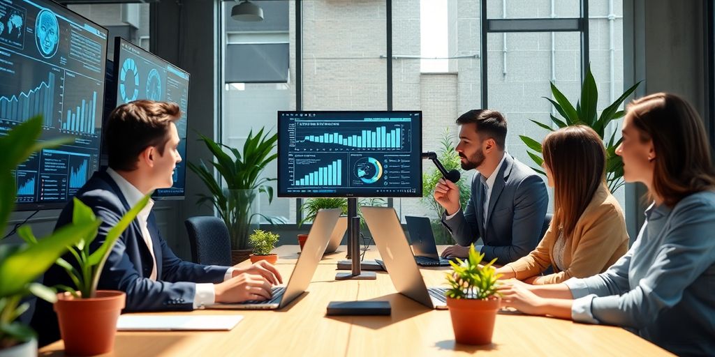 Profissionais em escritório moderno discutindo inteligência artificial.