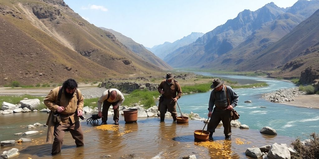 Prospecteurs cherchant de l'or dans une rivière, montagnes en arrière-plan.