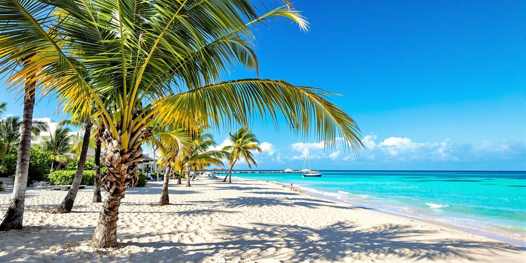 Beachfront view with palm trees and turquoise waters.