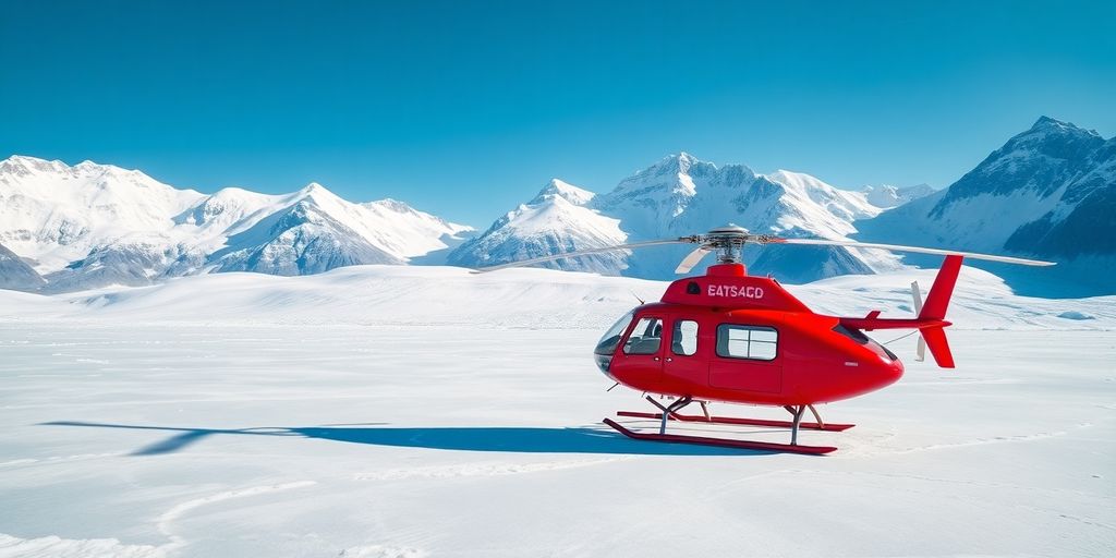 A helicopter perched on a vast, snowy Alaskan glacier.