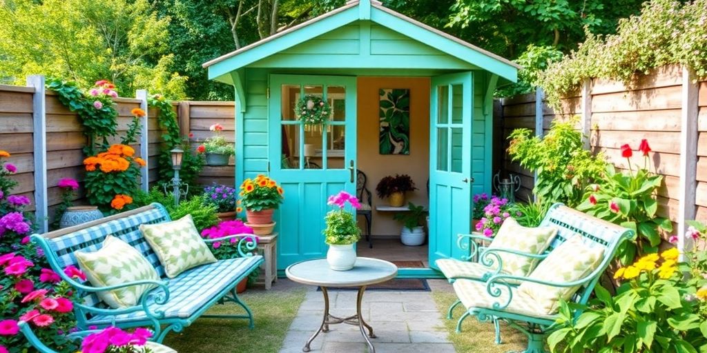 Colorful garden shed with flowers and greenery.