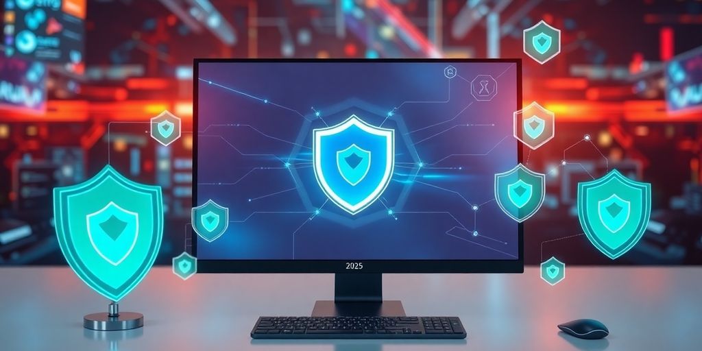 Imagen de un ordenador con antivirus y elementos de seguridad.