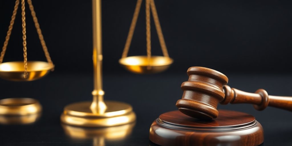 Scales of justice and gavel on a polished wooden desk.