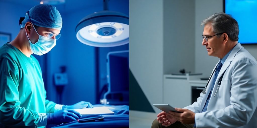 Neurosurgeon and neurologist in contrasting clinical environments.