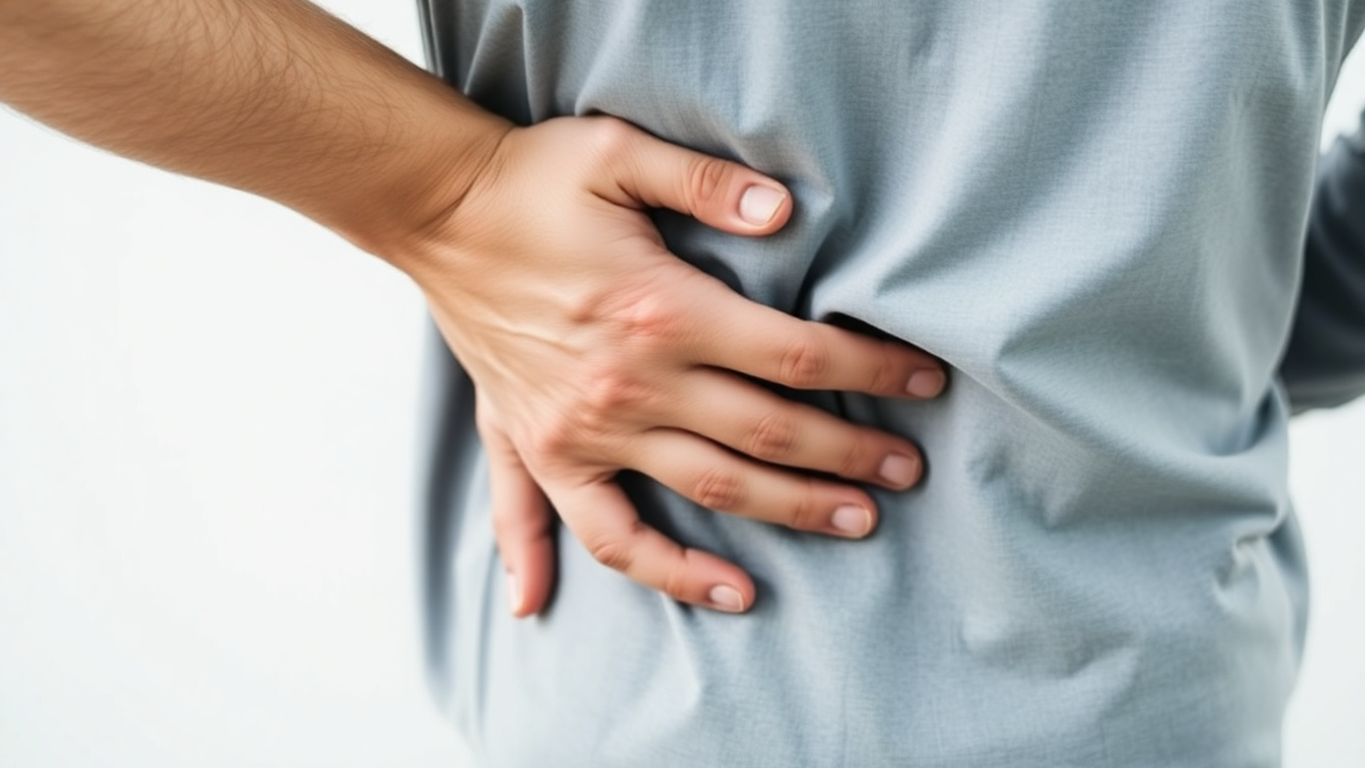 Man holding lower back, indicating discomfort from cancer.