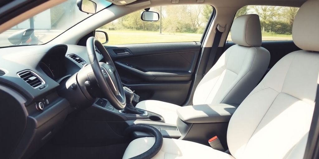 Schone auto-interieur met stofzuiger, dashboard en stoelen.