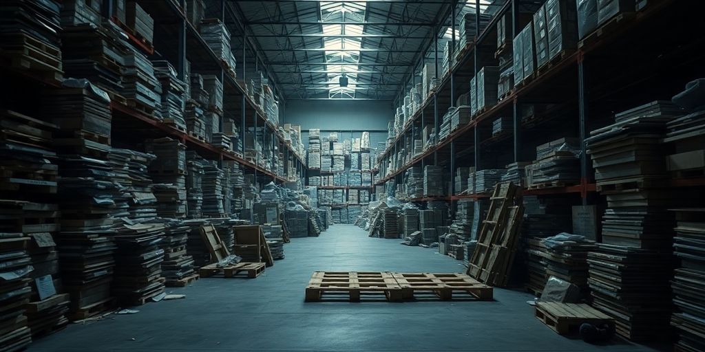 Cluttered warehouse with unorganized inventory and dim lighting.