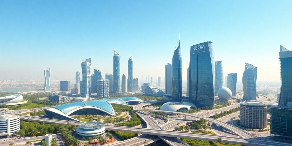 Futuristic skyline of NEOM with advanced urban designs.