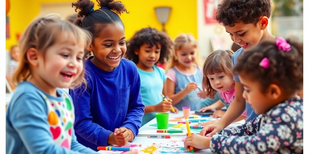 Children joyfully creating art and playing together outdoors.