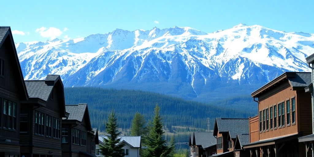 Rustic downtown Girdwood buildings with towering Chugach Mountains behind.
