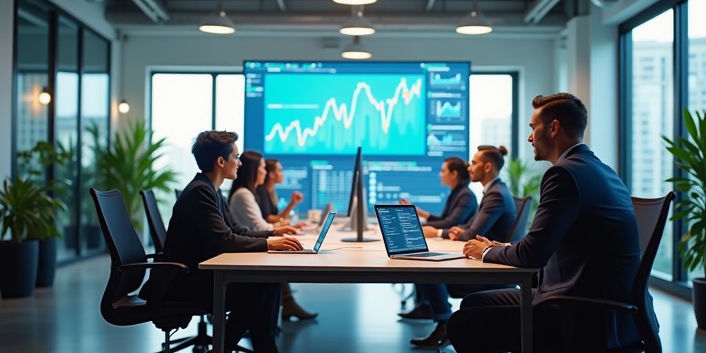 Profissionais em um escritório moderno com tecnologia avançada.