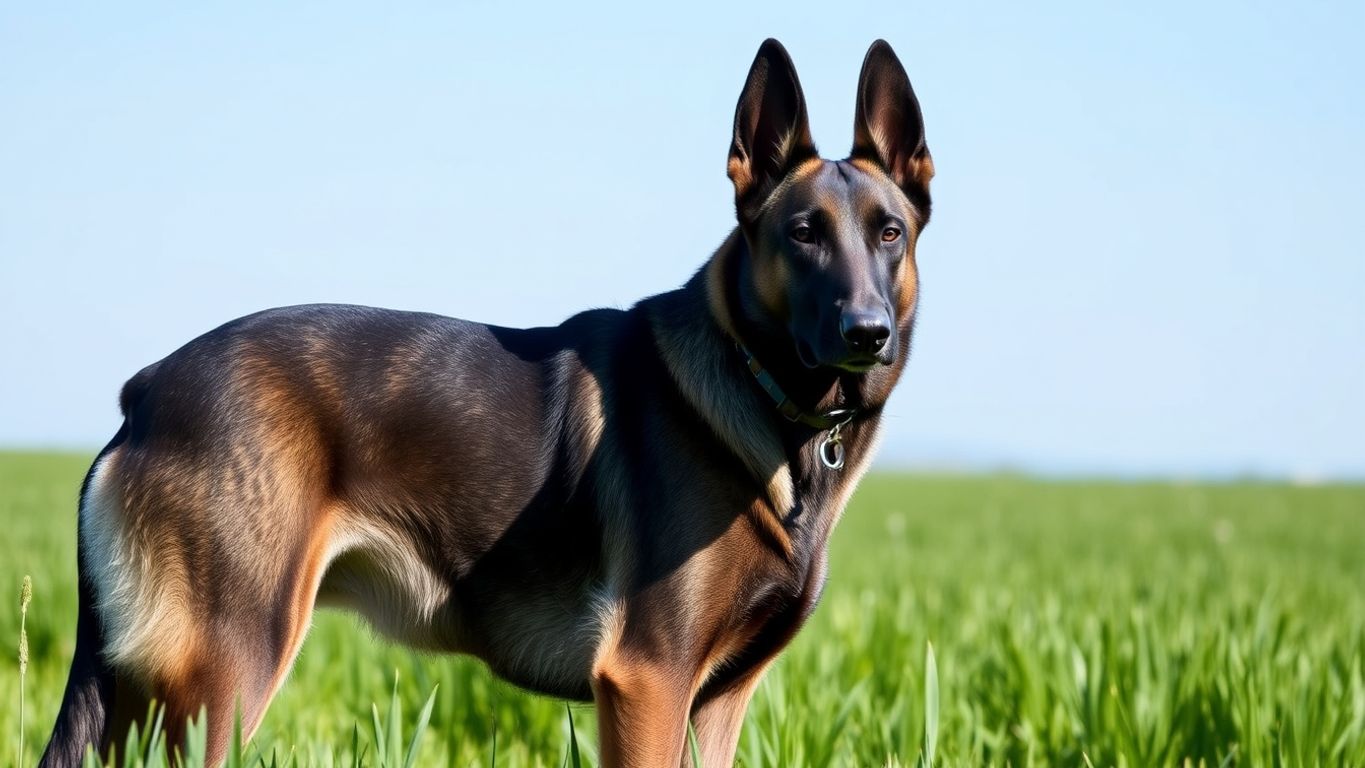 Dutch Shepherd in a green field, showcasing its beauty.