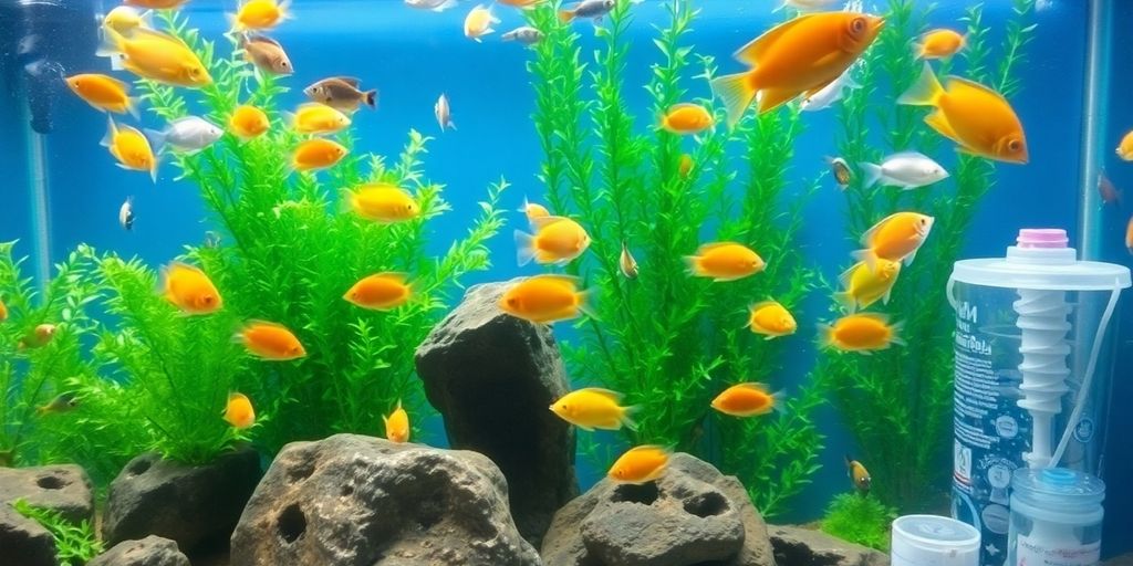 色彩斑斓的鱼在郁郁葱葱的水族馆中与过滤介质共存。