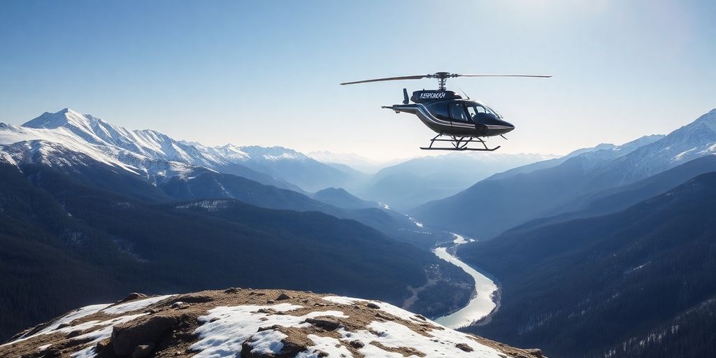 A helicopter landed on a remote, rugged mountain peak.