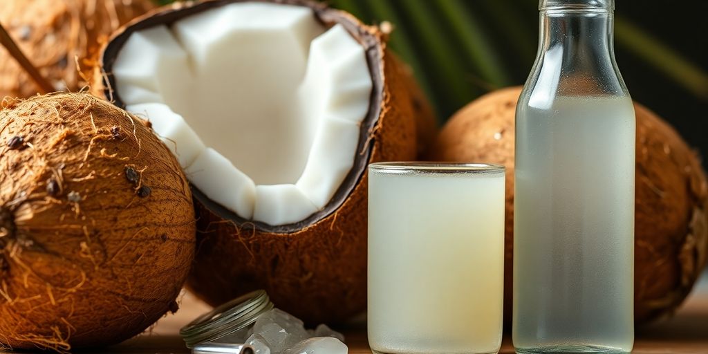 Fresh coconuts and pure virgin coconut oil.