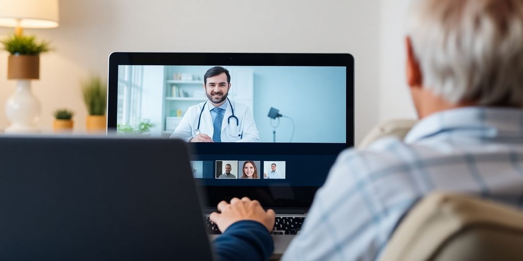 Doctor consulting patient via video call on laptop