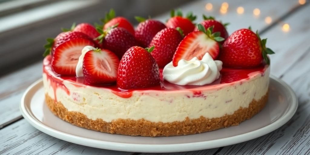 10 Receitas fáceis para o ano novo 3 Cheesecake de morango com morangos frescos decorando.