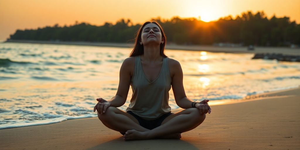 Person meditating peacefully outdoors near water.