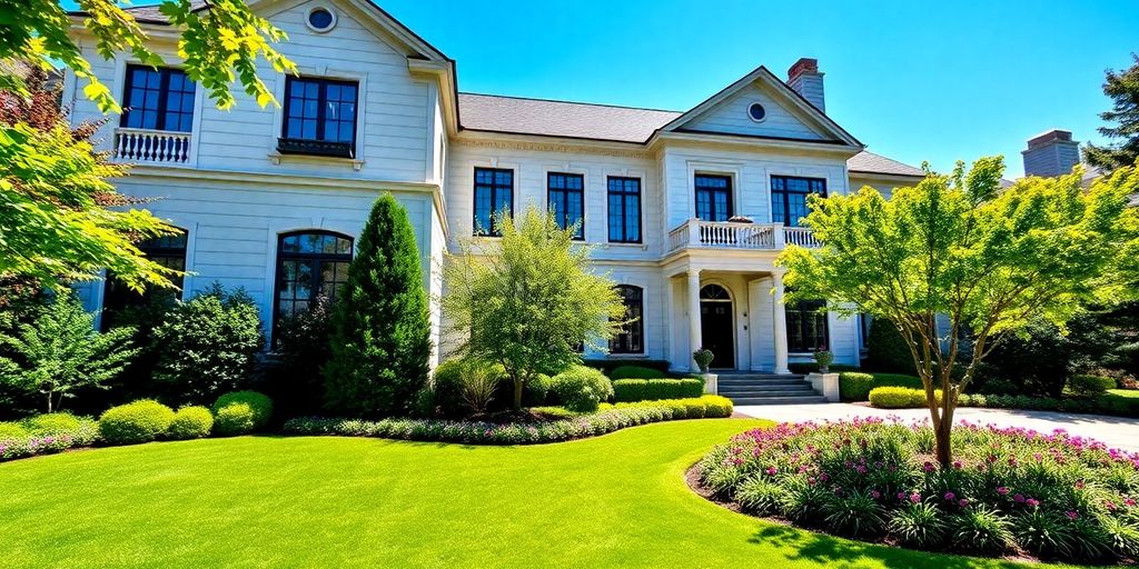 Luxurious modern home exterior with manicured landscaping.
