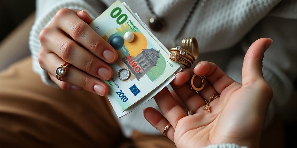Mains saisissant des billets et des bijoux