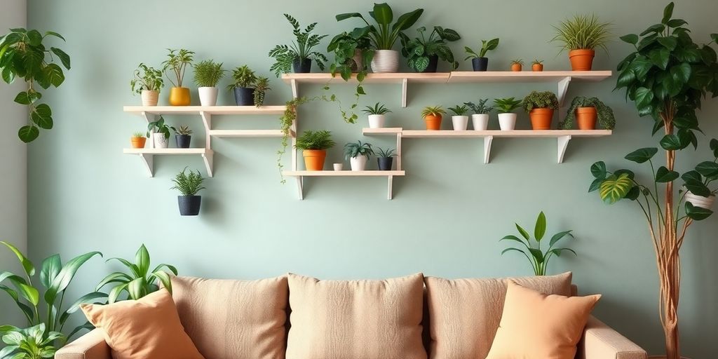 IKEA wall shelves with plants in a stylish room.